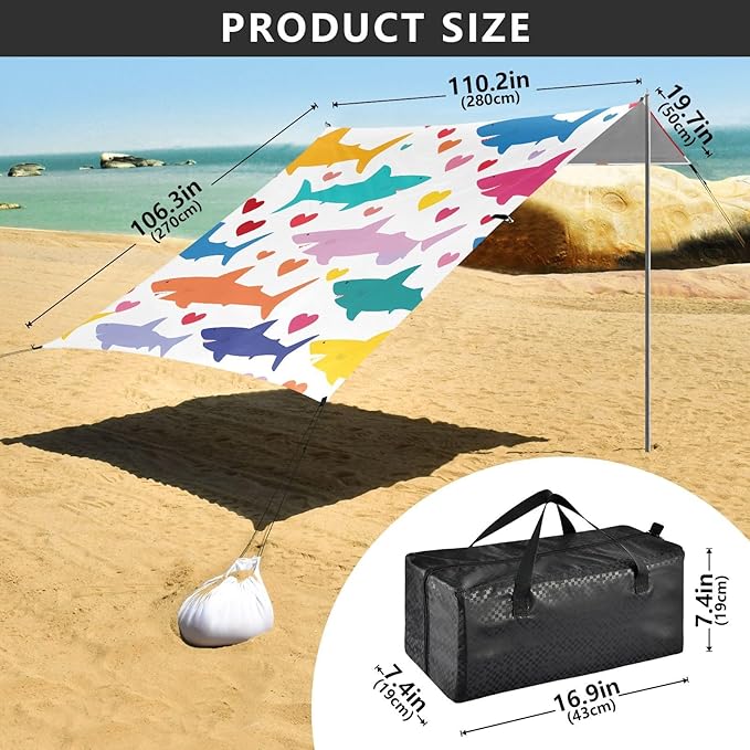 ALAZA Shark Heart Pattern Beach Tent Sun Shelter Portable Canopy Sunshade for Outdoor Camping Picnics Backyard Fun 10x9 ft