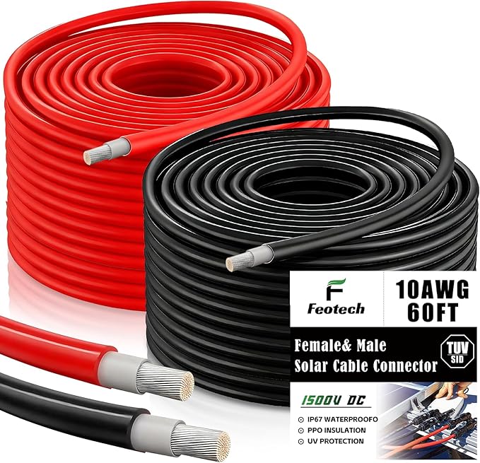 Twin Wire Solar Extension Cable 60FT - 10AWG (6mm²) Solar Panel Tinned Copper Wire for Outdoor Automotive RV Boat and Marine Use - Black &amp Red