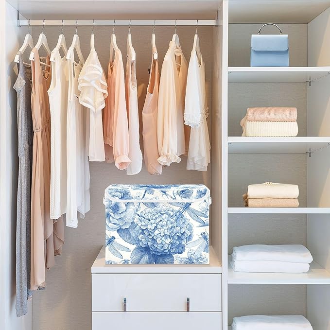 Collapsible Storage Bins with Lids Decorative Fabric Storage Cubes Closet Organizer and Storage Basket Boxes Containers for Clothes Box Chest Folding Rectangle Blue Hydrangeas Butterf