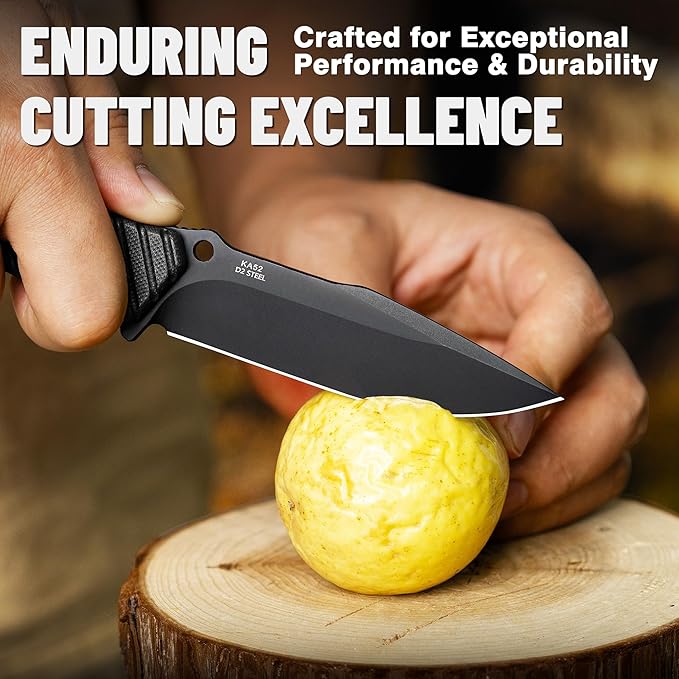 LOTHAR KA52 Fixed Blade Knife with Sheath D2 Steel Survival Tactical Hunting Knife for Camping Bushcraft Outdoor Vertical Horizontal Carry Cool Full Tang Knives Survival Tactical Gear Christmas Val