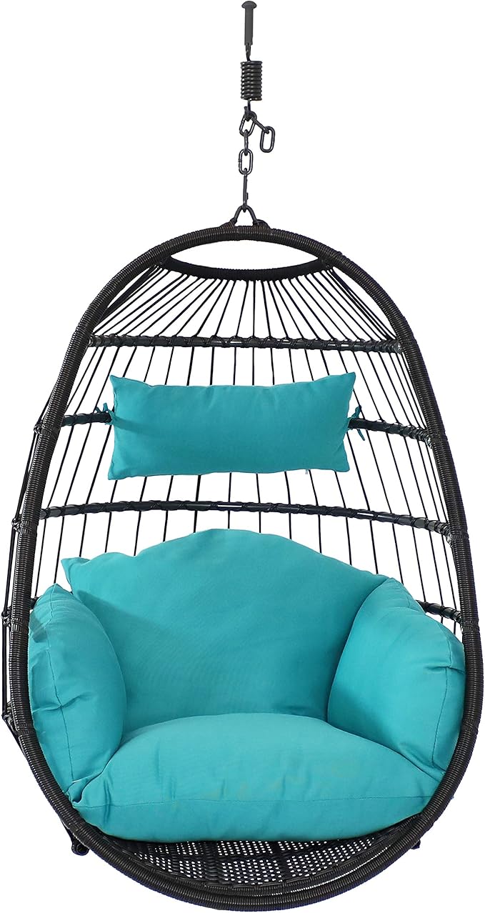 Sunnydaze Penelope Black Steel and Polyethylene Wicker Hanging Egg Chair with Turquoise Polyester Cushions - 45-Inch Tall
