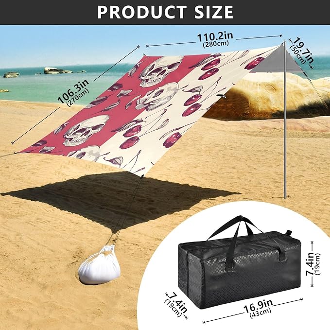 ALAZA Retro Cherry Skull Beach Tent Sun Shelter UPF50+ Protection Beach Shade Canopy w/ 4 Sandbags for Outdoor Camping Fishing Backyard Fun Picnic 10x9 ft