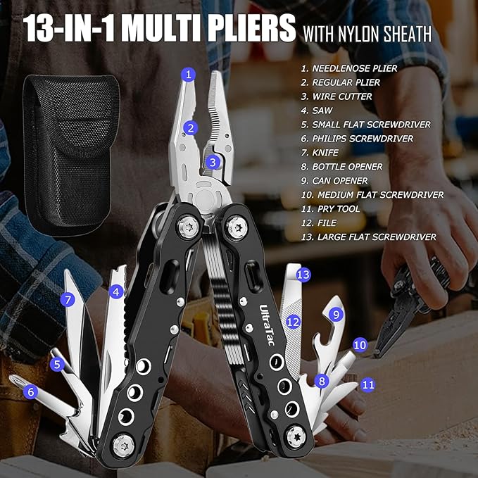 UltraTac Military Grade Multitool Gift Set for Men Compact Survival Kit for Car Emergency Birthday or Holiday Gift for Man Pocket EDC Tools for Camping Hiking &amp Quick Fixes - Stainless Steel