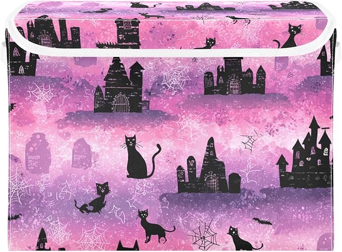 Pink Halloween Castles Cat Tombstones Storage Box with Lid 1 PC Foldable Storage Bin with Lids Stackable Storage Bins Cube Closet Organizer Basket with Flip-Top Lid &amp Handles for Shoes Bo