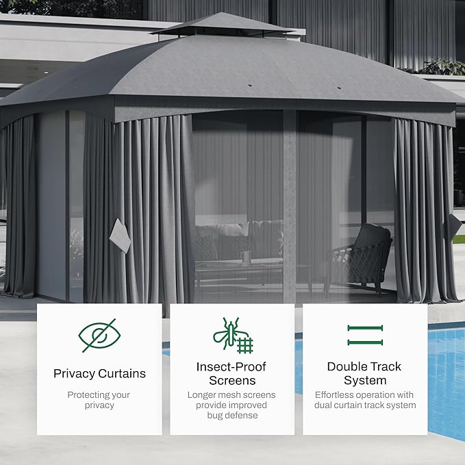 Florise Heavy Duty Gazebo 11 x 13 Ft Outdoor Patio Pavilion with Galvanized Steel Metal Frame and Double Roof Curtain and Netting Included for Outside Garden Yard &amp Lawn