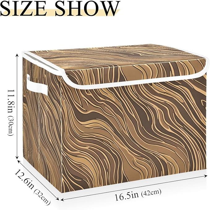 Dark Brown Stripe Lidded Storage Bins with Handles - 16.5x12.6x11.8 Foldable Organizing Box Oxford Fabric &amp Honeycomb Board Dust-Proof Flip Lid for Closet/Office