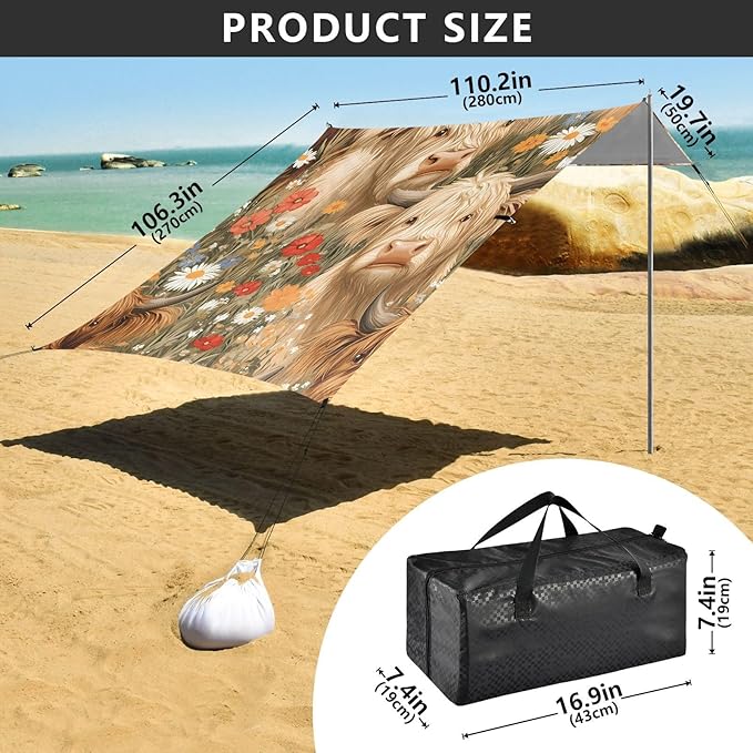 ALAZA Highland Cattle Colorful Flower Pattern Beach Tent Sun Shelter Portable Canopy Sunshade for Outdoor Camping Picnics Backyard Fun 10x9 ft
