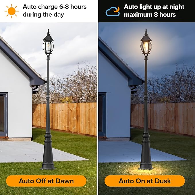 LUTEC Solar Lamp Post Light Dusk to Dawn Waterproof Pole Light with Clear Glass Aluminium Exterior Vintage Black Solar Powered Street Light Fixtures for Garden Driveway Pathway(Bulb Included)