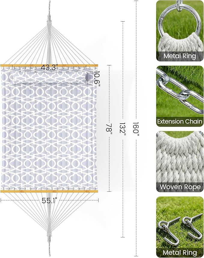 ANAGOO Double Quilted Outdoor Hammock for 2 Adults 500lb Capacity Backyard &amp Camping Hammock with Pillow and Bamboo Spreader Bar Fits 11–15ft Hammock Stands (Stand Not Included)Light Gray