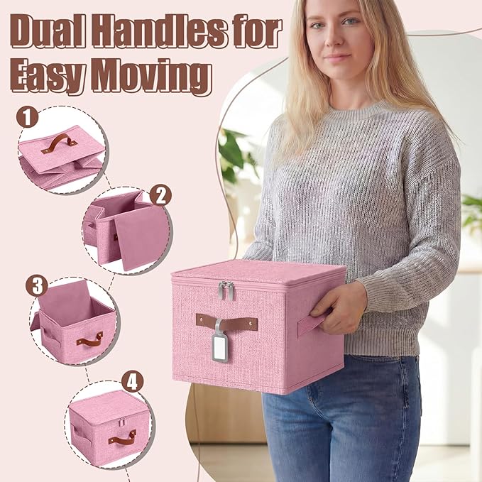 6 Pack Fabric Closet Storage Bins with Zipper Lids and Label 10×8×7In Large Size Foldable Cotton Linen Storage Cubes Boxes with PU Leather Handles Holders for Bedroom Nursery Pink