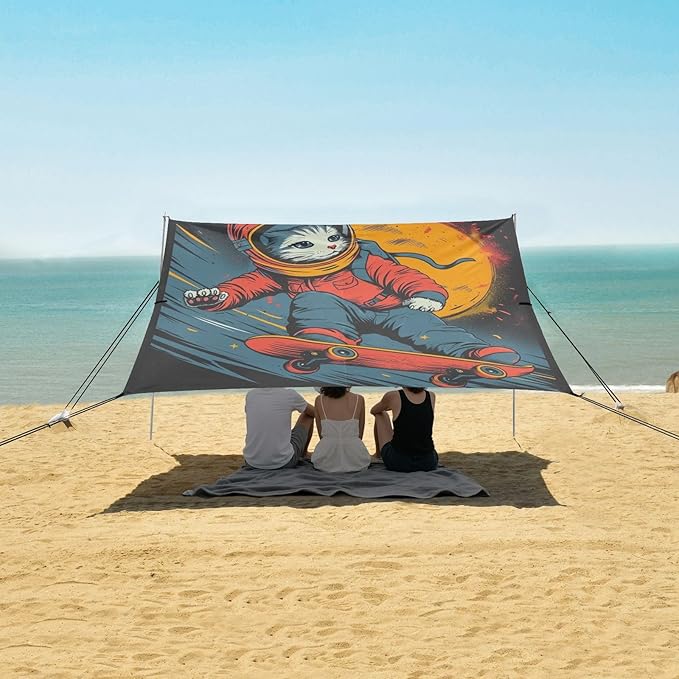 ALAZA Cat Kitten Astronaut Skateboard Beach Tent Sun Shelter UPF50+ Protection Beach Shade Canopy w/ 4 Sandbags for Outdoor Camping Fishing Backyard Fun Picnic 10x9 ft