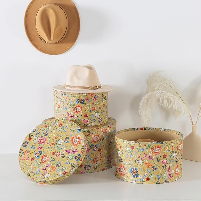 Soul &amp Lane Botanica Bliss Gold Round Hat Boxes with Lids - Set of 3: Nesting Cardboard Hat Storage Boho Floral Print Cases Stacking Circle Decorative Keepsake Boxes