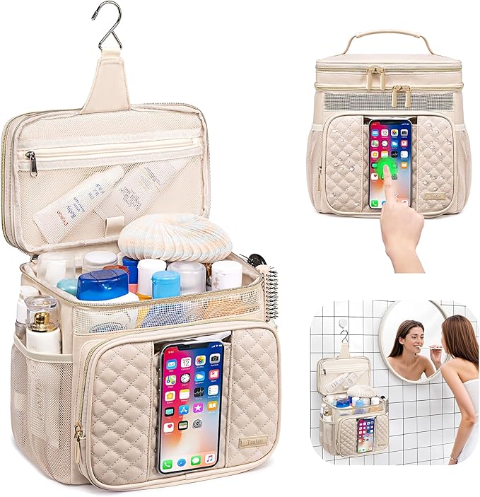 Large Leather Toiletry Bag for Women MenBathroom BagWater Resistant Shower BagMakeup BagPortable Shower Caddy for College DormHanging Travel Toiletry Bag with Transparent Waterproof Phone Pocket