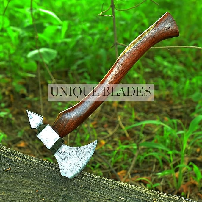 Viking Battle Axe Camping Axe 18-IN Wood Handle Damascus Steel Dual Sided Leather Sheath