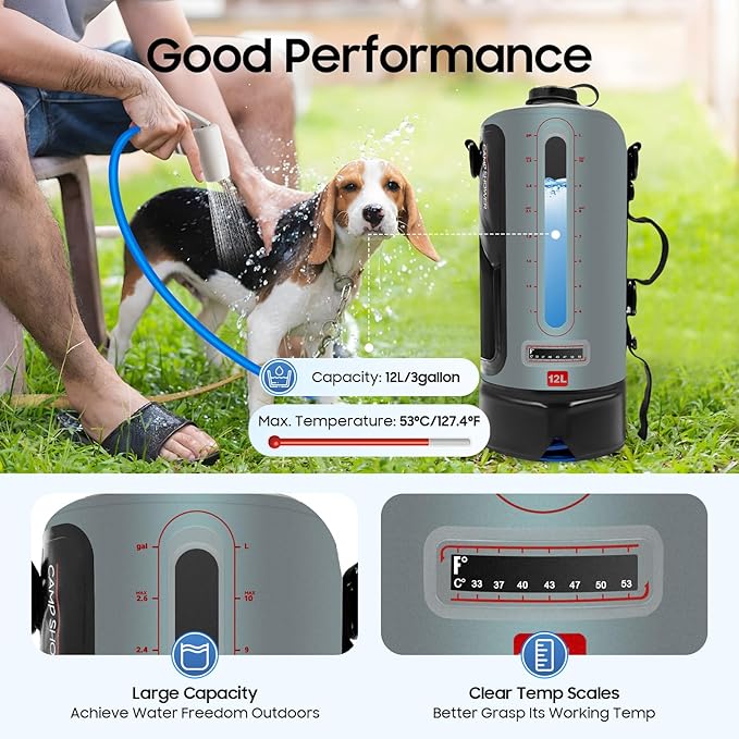 Portable Shower for Camping 3 Gallons/12L Portable Camping Shower Solar Showers for Camping with Shoulder Strap and Storage Bag Camping Shower for Beach Camping Hiking Trip Picnics