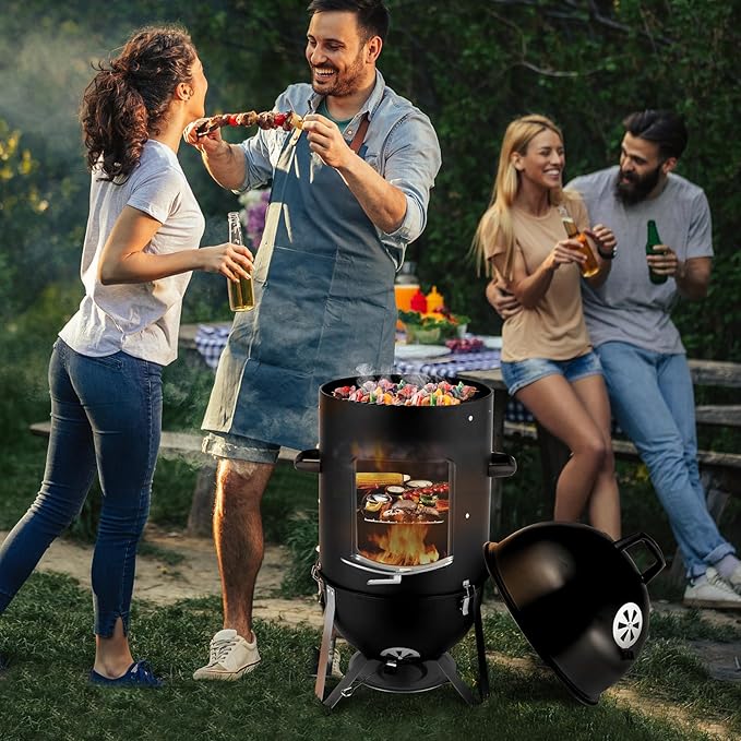 46.8 Vertical Steel Charcoal Smoker GrillHeavy Duty BBQ GrillsOutdoor Camping Backyard Barbecue GrillMetal Barbecue Smokerswith Thermometerfor Patio Garden Beach Porch Lawn Yard (Black)