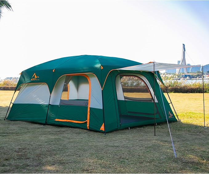KTT Extra Large Tent 6-10-12-14 Person(A)Family Cabin Tents2 Rooms3 Doors and 3 Windows with MeshStraight WallWaterproofDouble LayerBig Tent for OutdoorPicnicCampingFamily Gathering