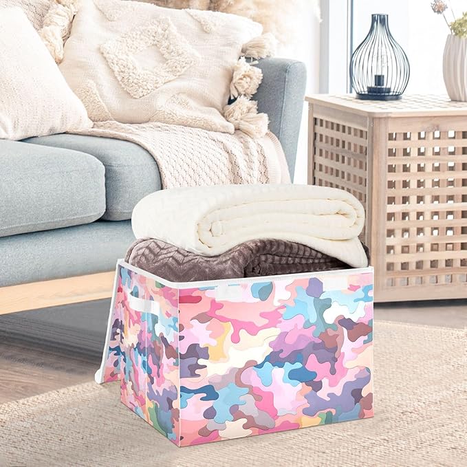 Vivid Camo Storage Cube with Lid Collapsible Fabric Storage Bins Basket with Handle for Home Bedroom Closet Office 16.5×12.6×11.8 in