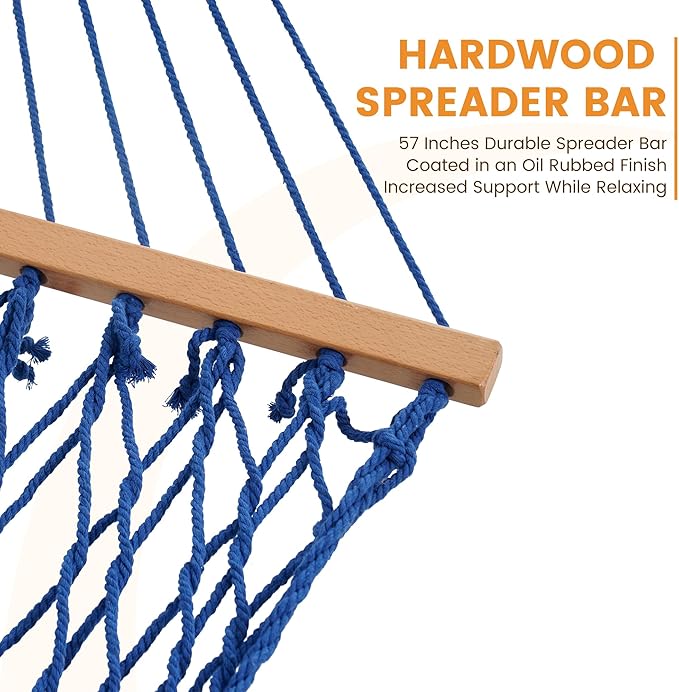 Lazy Daze Hammocks 12FT Double Rope Hammocks 2 Person Hand Woven Cotton Hammock with Spreader Bar for Outside Patio Poolside FIT 13-15 FT Stand Max 450 Lbs Blue 141 x 57 inches