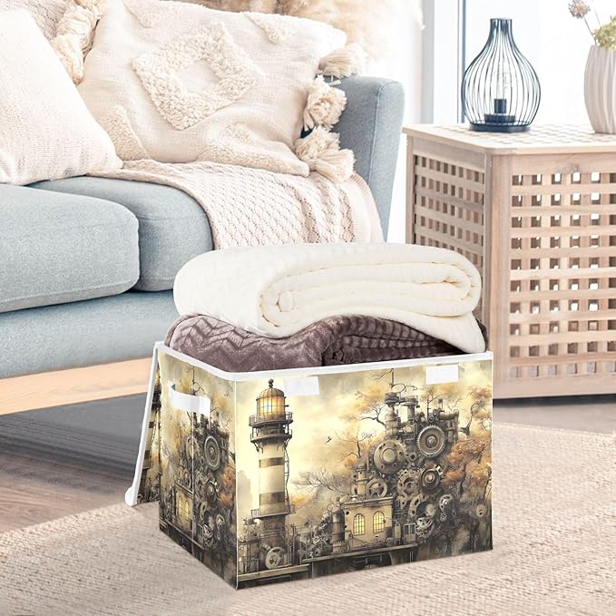Steampunk Lighthouse Large Storage Bins with Linen Foldable Storage Box Fabric Closet Organizer Containers Cubes with Flip-Top Lid for Home Office 16.5” x 12.6” x 11.8”