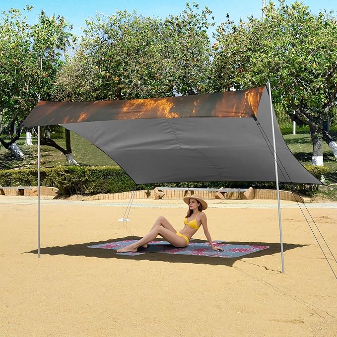 Car Window Outside Sunrise View Beach Tent Sun Shelter Set UPF50+ UV Protection 10.5 x 9.19 FT Camping Shade Canopy with Sandbags Sand Anchors Carrying Bag and Others