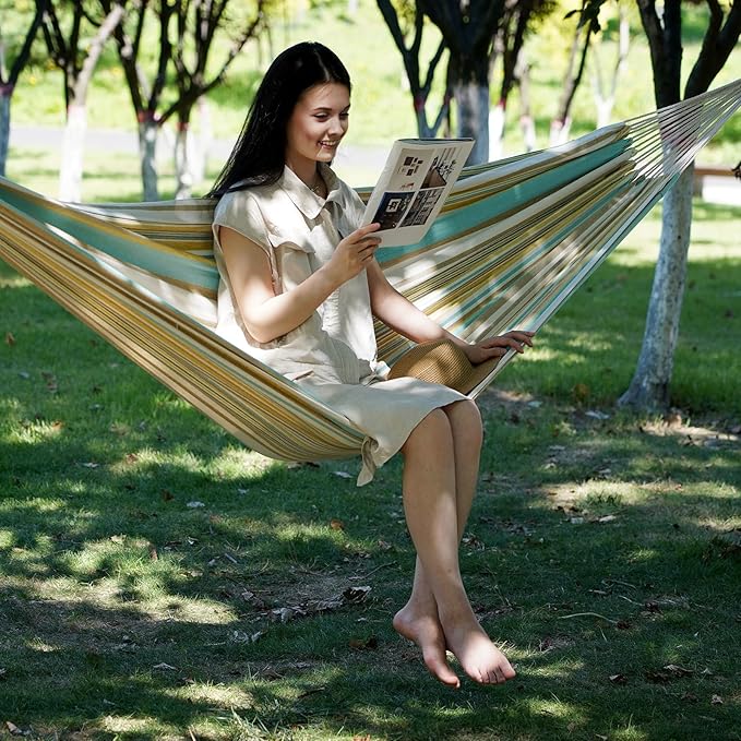 Brazilian Hammock with Tree Straps - Cotton Hammocks Portable Hammock with Carry Bag for Backyard Porch Outdoor and Indoor Use Yellow &amp Green