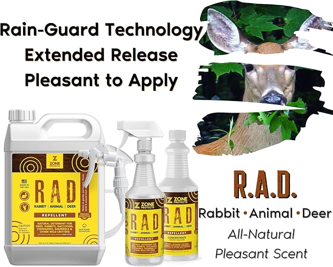 R.A.D. Rabbit Animal Deer Repellent Bundle – 1 Gallon Spray + 32oz Concentrate Natural Formula Keeps Deer and Rabbits Out of Your Garden