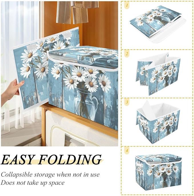 Collapsible Storage Bins with Lids Decorative Fabric Storage Cubes Closet Organizer and Storage Basket Boxes Containers for Clothes Box Chest Nursery Folding Rectangle Daisy Wooden Blue