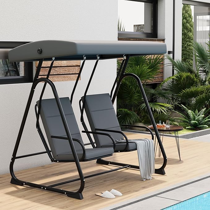 2-Person Patio Swing Chair with Adjustable Canopy - Heavy Duty Outdoor Swing Glider with Removable Cushions for Porch Garden Poolside &amp Backyard Relaxation Dark Grey