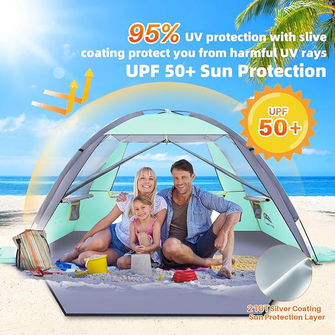 Happy Travel Beach Tent UPF 50+ UV Protection Sun Shade Shelter for 3/4/5/6/7/8 Person Portable Beach Canopy for Family &amp Baby Lightweight &amp Easy Setup Beach Cabana with 3 Ventilation Mesh