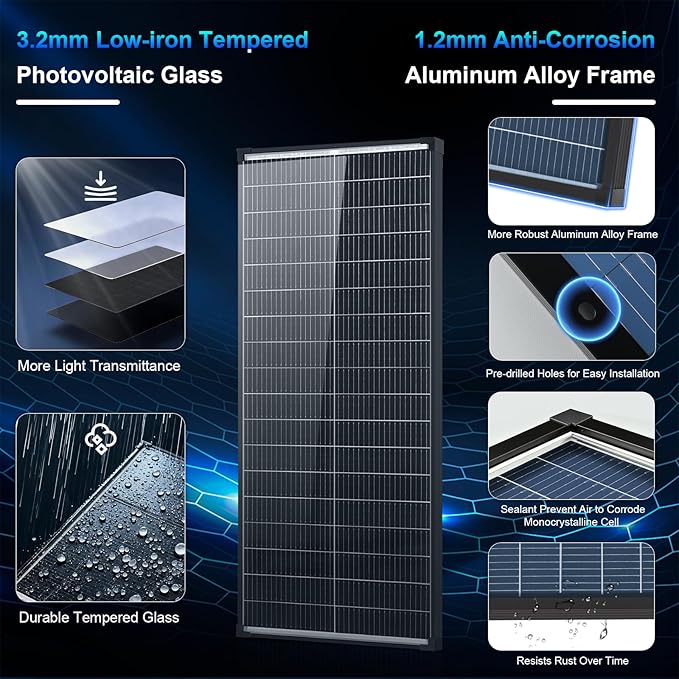 200 Watt Solar Panel2pcs 100w bifacial solar panel12V 18BB N-Type A+ Monocrystalline Cell 25% High Efficiency Solar Panels for Rooftop RV Farm Trailer Marine Home Off-Grid System(100W*2PCS Bifacial)