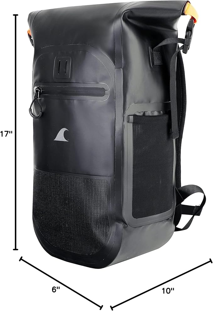 Breakwater Supply™ Meanhigh Dry Bag Waterproof Rolltop Backpack 25L Medium/Large for Water Sports Moto Hiking Camping with Lightweight Fast-Drying Padding (Black)