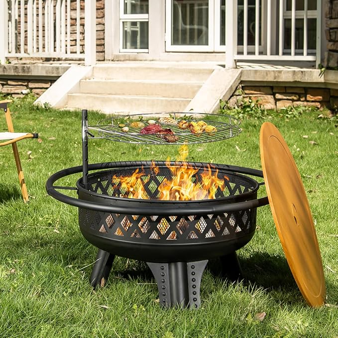 Panovue 32 Inch Outdoor Fire Pit with Grill Wood Burning Firepit for Outside with Lid/Fire Poker Metal Round Fire Pit Table for Patio Backyard Garden Bonfire Party