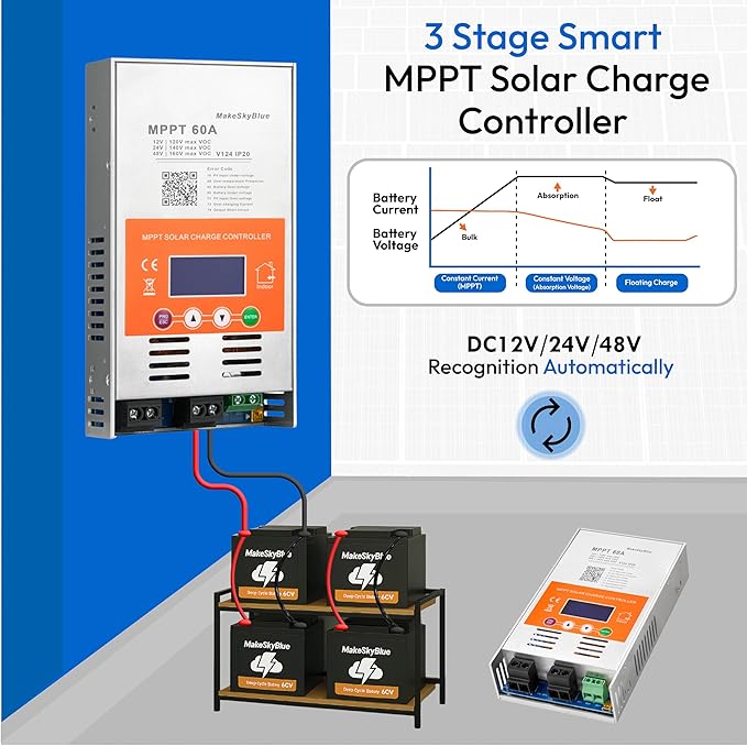60A MPPT Solar Charge Controller V124 – Upgraded 12V/24V/48V Auto Detection Supports Lead-Acid &amp Lithium Batteries Max 160V PV Input