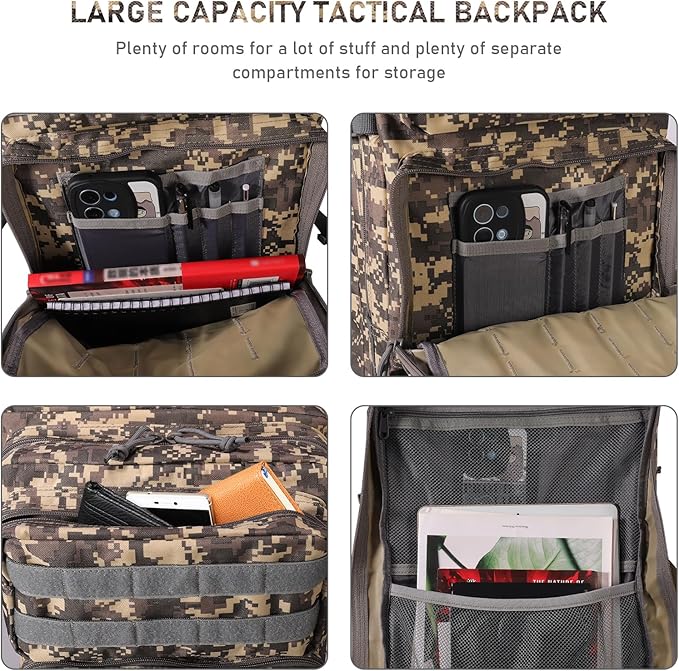 ShowyLive 3P Tactical Backpack Military Rucksack - 45L Large Hiking Backpack Waterproof Durable Camping Backpack for Men Women Travel Outdoor Sports Bug Out Bag (ACU)
