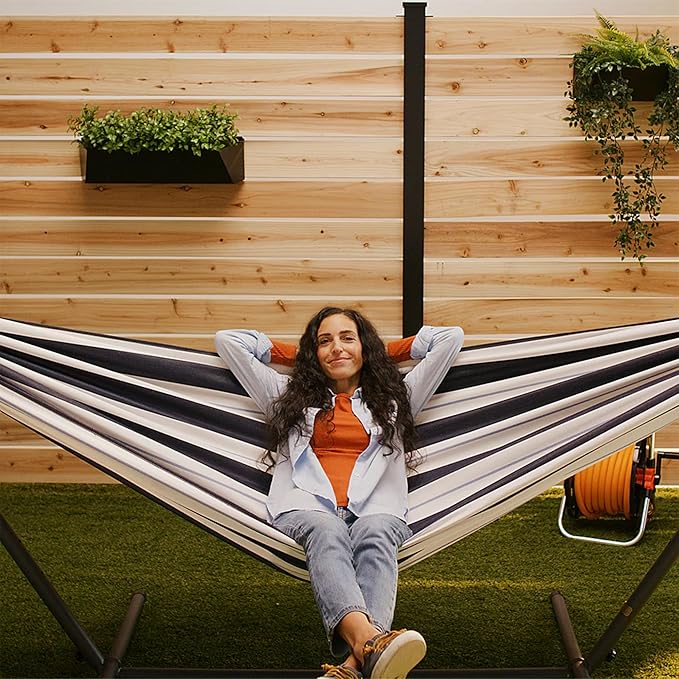 Vivere Double Sunbrella Hammock with Space-Saving Steel Stand Heavy-Duty Portable Outdoor Hammock Set for Backyard Patio or Travel Harbor