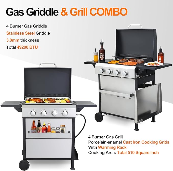 4-Burner Flat Top Propane Gas Grill Stainless Steel Griddle Combo with Foldable Side Table 49200 BTU Outdoor BBQ Grill Porcelain-Enameled Cast Iron Grids for Backyard Patio Cooking