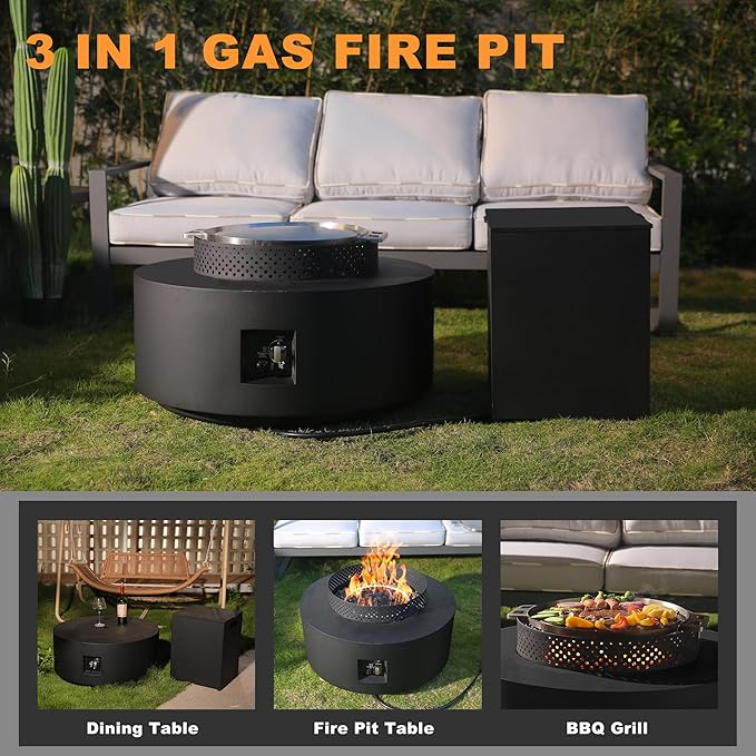 3-Piece Outdoor Fire Pit Table 32 Inch Propane Fire Table 65000 BTU Black Round Gas Firepit Baking Sheet Wind Guard and 16 inches Tank Side Table for Deck Backyard and Pool Black