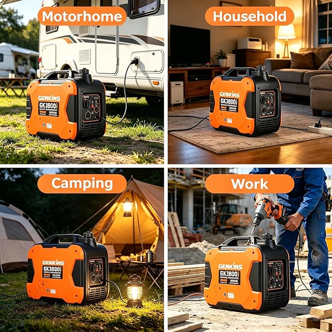 GENKINS Portable Inverter Generator 3800 Watt Gas Generato Super Quiet with Parallel Capability for RV Ready Camping Outdoor EPA Compliant