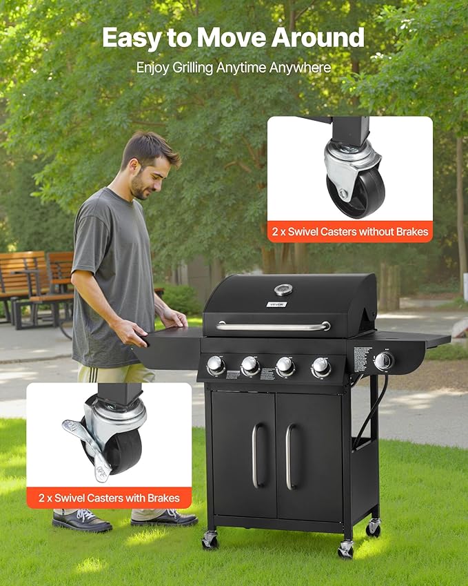 VEVOR Gas Grill 4 Burner Propane Gas Grill with Side Burner 425 SQ.In Grilling Area Carbon Steel Enamel Grates Outdoor 52000 BTU Patio Garden BBQ Grills with Two Side Shelves Carbon Steel