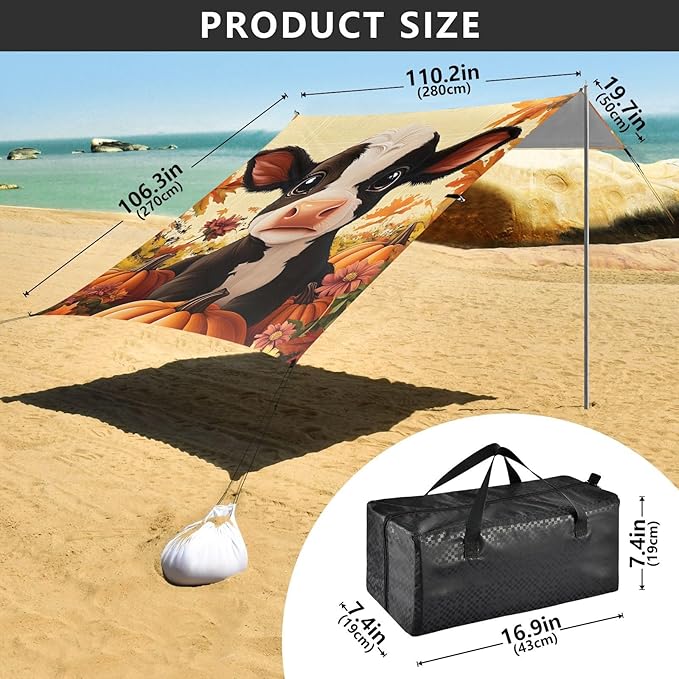 ALAZA Cow Pumpkin Fall Beach Tent Sun Shelter Portable Canopy Sunshade for Outdoor Camping Picnics Backyard Fun 10x9 ft