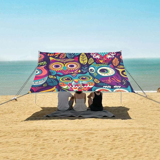 ALAZA Colorful Cute Owl Cartoon Beach Tent Sun Shelter Portable Canopy Sunshade for Outdoor Camping Picnics Backyard Fun 10x9 ft