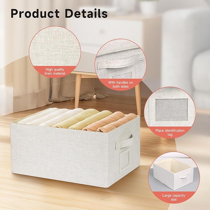 Large 17''x12'' Quart Collapsible Stackable Storage Bins with Lids 2 Packs Off White Fabric Closet Boxes with Lids Storage Cube Baskets Container Organizers for Bedroom Office(17''x12.2x''8'')