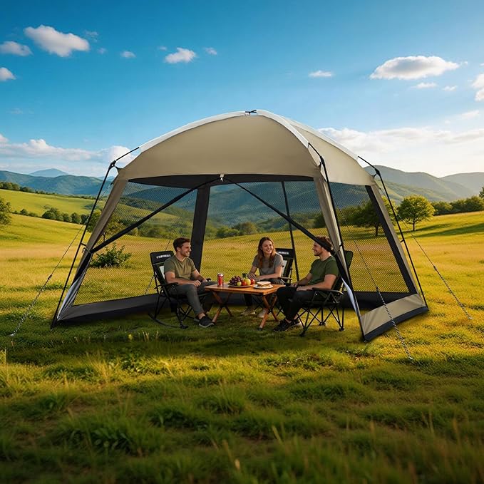 12 x 12 FT Camping Screen Tent for 8-10 Person Easy Setup Screen House with UV 50+ Sun Protection &amp Mosquito Net for Camping Backyard Picnic Patio Outdoor Kakhi