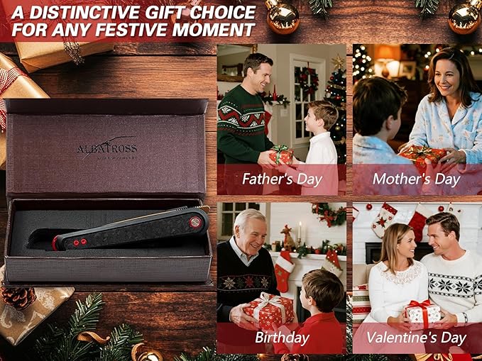 ALBATROSS Collector's Gift for Father's Day Mother's Day Gold Blade Folding Knife 3.3 D2 Steel Black Aluminum &amp Carbon Fiber Reversible Clip CNC Crafted Premium Gift Box