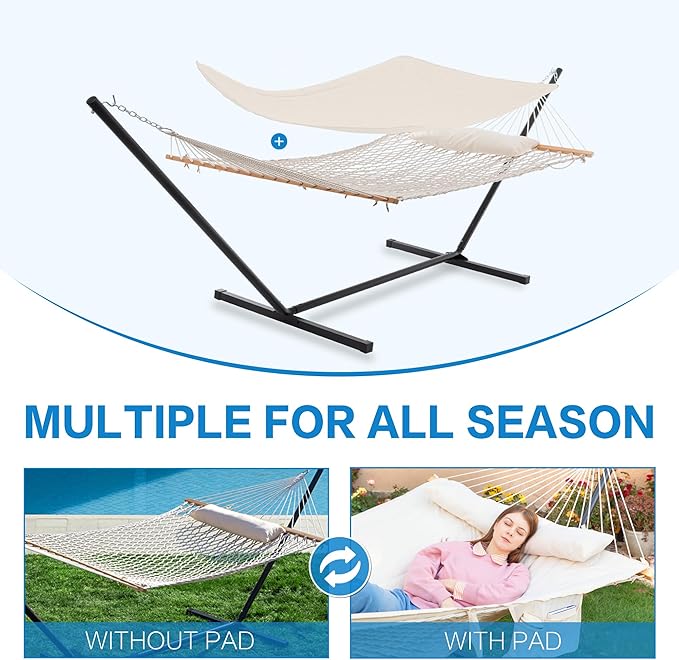 PNAEUT Double Hammock with Stand for Outside Rope Hammocks with Polyester Pad 2 Person 12ft Heavy Duty Stand Extra Pillow Storage Sidebag Max 475 lbs Capacity (Pearl White)