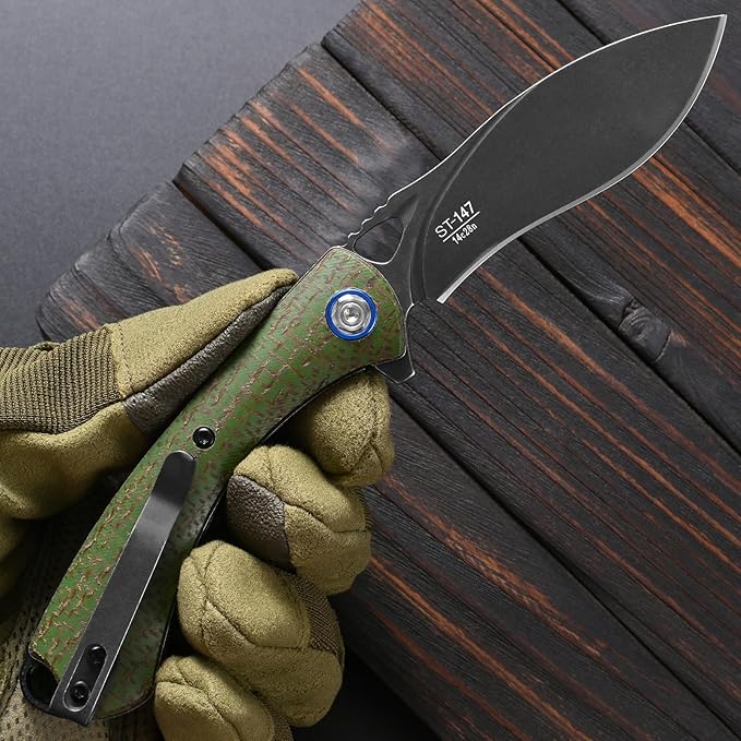 Sitivien ST147 Folding Pocket KnifeBlack Stonewashed 14C28N Steel Blade with Micarta Handle Utility Knife EDC Tool Knife for Outdoor CampingHikingHunting(Green)