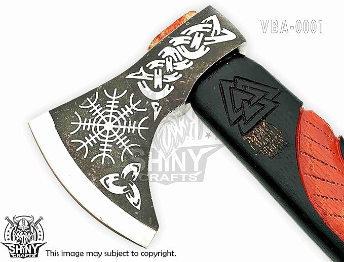 SHINY CRAFTS® Handcrafted Viking Axe – Engraved Nordic Blade with Wooden Handle Norse Bearded Hatchet for Men Unique Gift for Him Collectors Cosplay Camping Medieval Wall Decor (VBA-01)