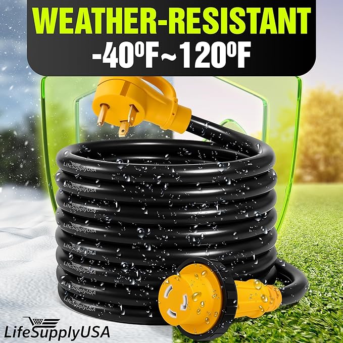 30ft RV Extension Cord 30 AMP (TT-30P/L5-30R) with Twist-Lock Connector and Grip Handle Hook and Loop Strap - STW 10/3 AWG 125 Volt - Heavy Duty - by LifeSupplyUSA