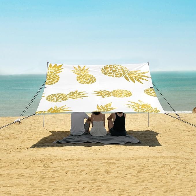 Beach Canopy with Windproof Ropes &amp Sandbags Beach Tent Sun Shade Sun Shelter for Camping Trips Fishing Backyard Fun or Picnics Pineapple